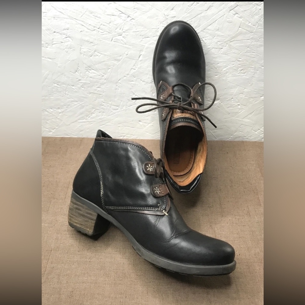 Pikolinos Le Mans Women's 9-9.5 Lace Up Heeled Ankle Boots Black Leather EURO 40